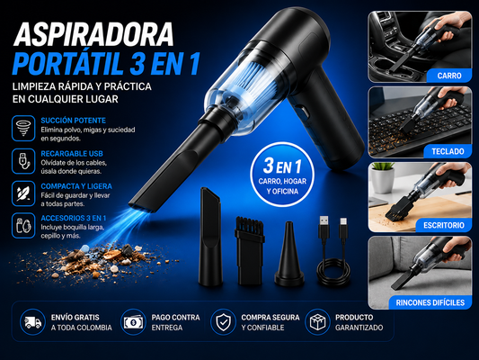 Aspiradora Portátil 3 En 1 Inalámbrica Para Auto y Hogar