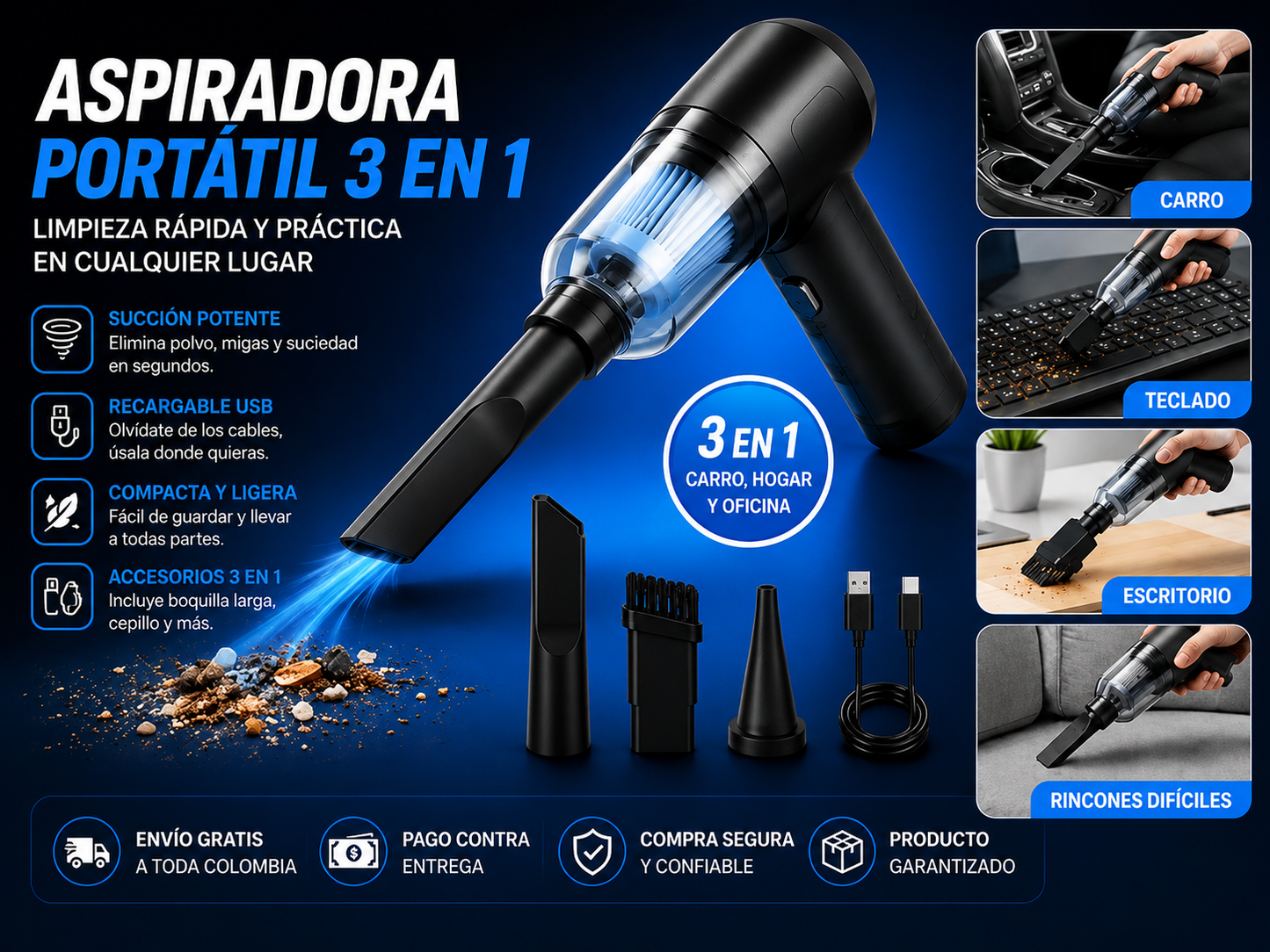 Aspiradora Portátil 3 En 1 Inalámbrica Para Auto y Hogar
